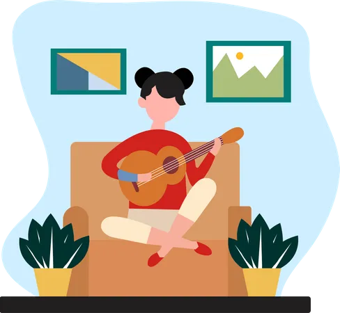 Menina tocando guitarra em casa  Ilustração