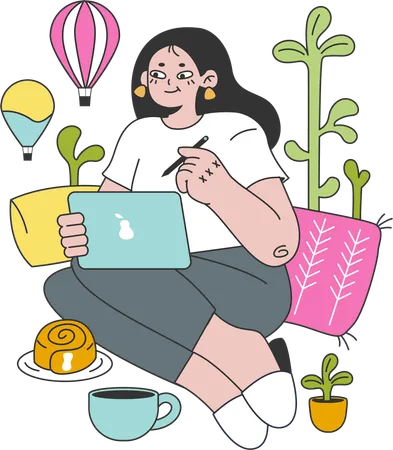 Garota trabalhando no laptop enquanto viaja  Ilustração