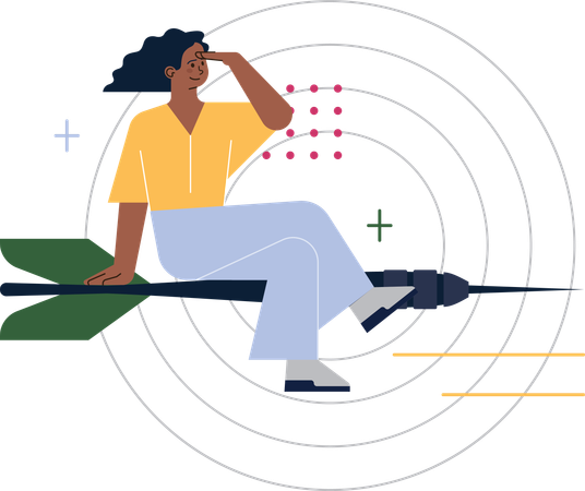 Garota voando na seta de dardo enquanto procura visão de negócios  Ilustração