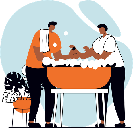 Gay parents shaving new born baby  Illustration