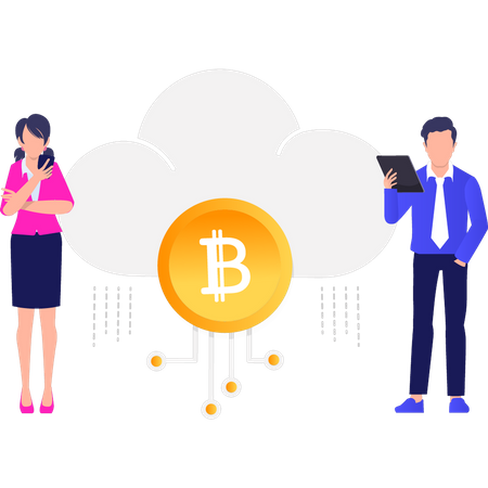 Gens d'affaires travaillant sur le cloud computing Bitcoin  Illustration