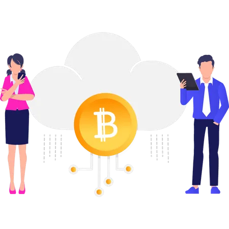 Gens d'affaires travaillant sur le cloud computing Bitcoin  Illustration