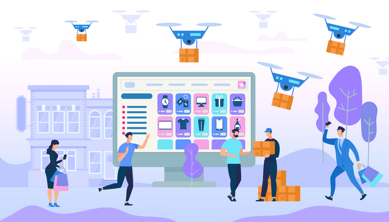 Compra de People Shopping y entrega con drones en la plataforma social  Ilustración