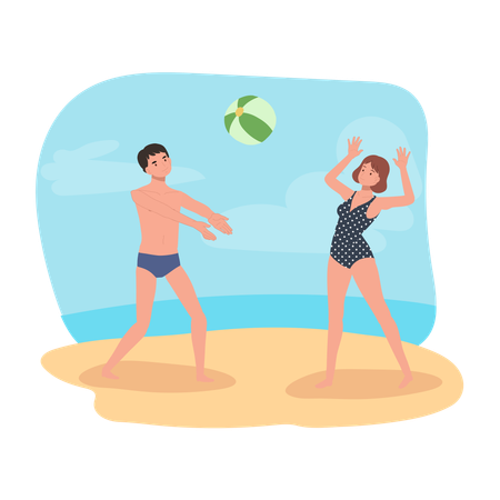 Gente disfrutando del juego de pelota de playa  Ilustración