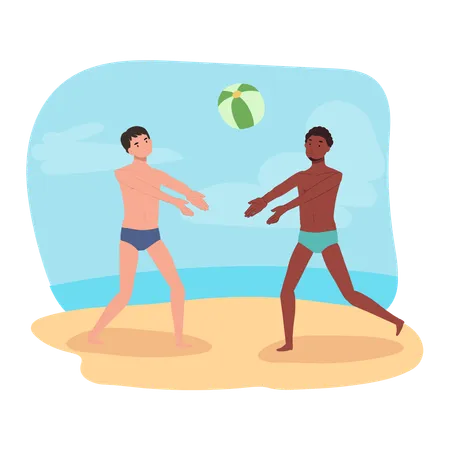 Gente disfrutando del juego de pelota de playa  Ilustración