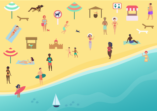 Gente en la playa de verano  Ilustración