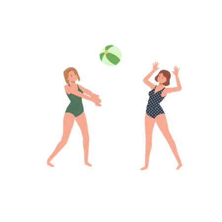 Gente jugando beachball en la playa  Ilustración