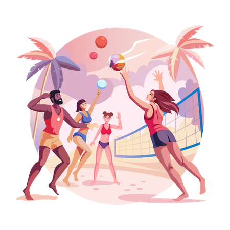 Gente jugando voleibol en la playa  Ilustración