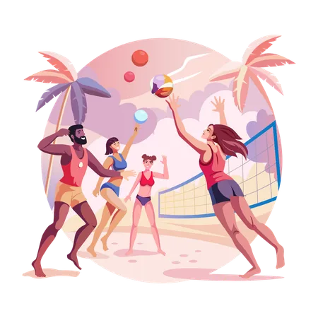 Gente jugando voleibol en la playa  Ilustración