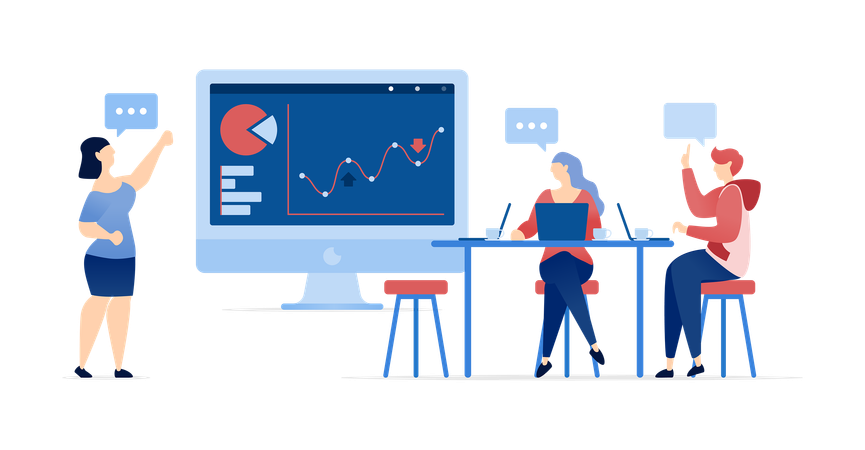 Geschäftsbesprechungsdiskussion am Schreibtisch mit Personen, die Unternehmens- oder Firmendiagramme analysieren  Illustration