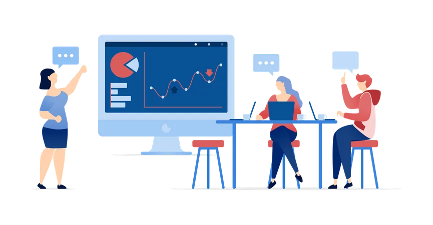 Geschäftsbesprechungsdiskussion am Schreibtisch mit Personen, die Unternehmens- oder Firmendiagramme analysieren  Illustration