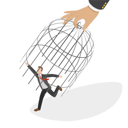 Giant Hand Capturing Running Businessman with Birdcage  Illustration