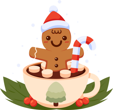 Gingerbread Man with Christmas Santa Hat inside Coffee Cup  Illustration