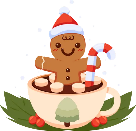 Gingerbread Man with Christmas Santa Hat inside Coffee Cup  Illustration