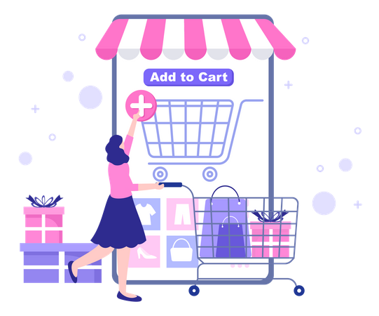 Girl Adding Online Shopping Product To Cart  Illustration