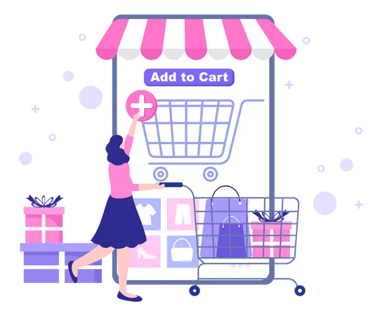 Girl Adding Online Shopping Product To Cart  Illustration