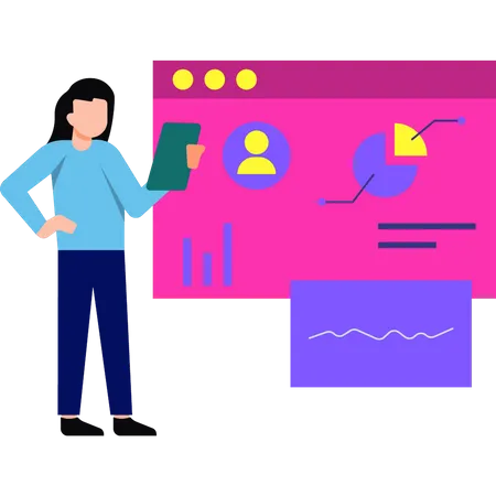 Girl analyst is looking at the users chart graph  일러스트레이션