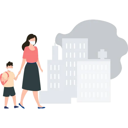 Girl and a child wearing a mask are walking  イラスト