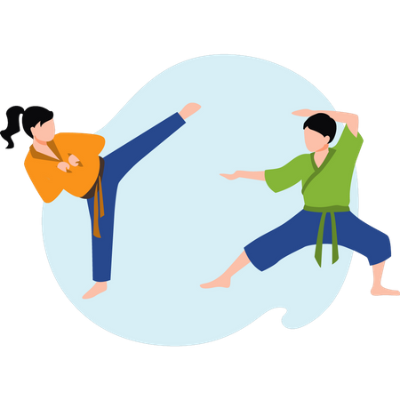 Girl and boy doing karate practicing  Illustration