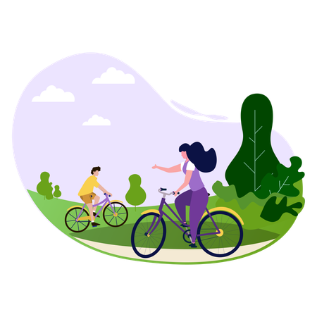 Girl and boy riding bicycle in park  Illustration