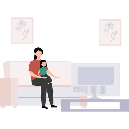 Girl and kid are watching TV  Illustration