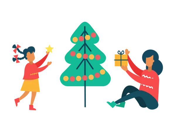 Girl and Mother Decorates chrsitmas Tree and christmas Gift  Illustration