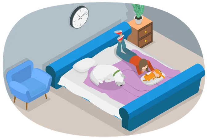 Girl and pets resting at Comfort and Coziness in House  Illustration