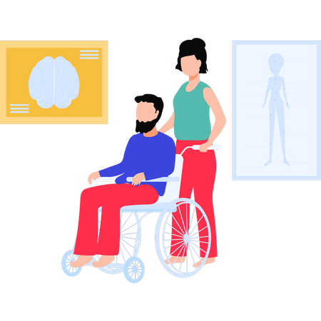 Girl carrying man in wheelchair  Illustration