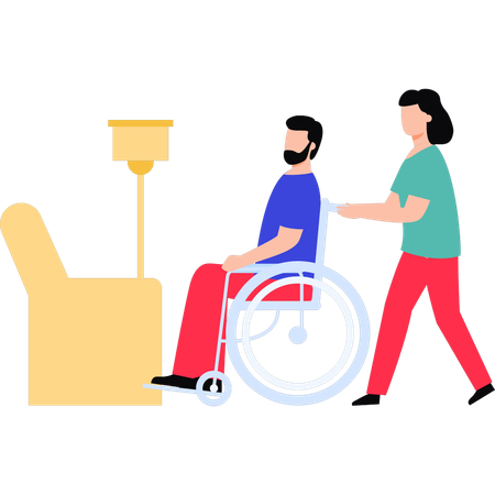 Girl carrying old man in wheelchair  Illustration