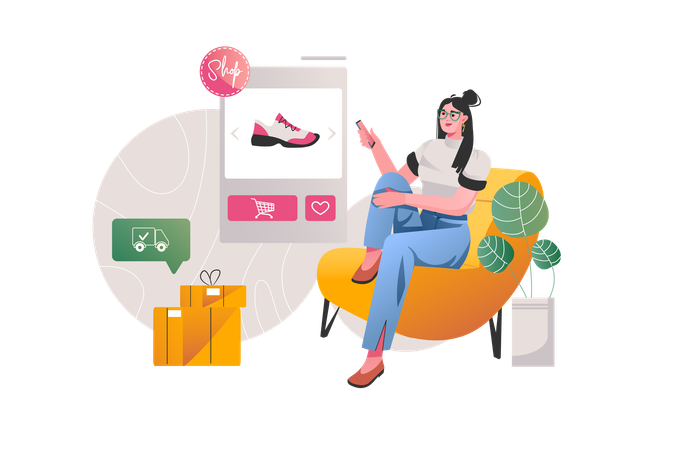 Girl chooses new sneakers in an online store  Illustration