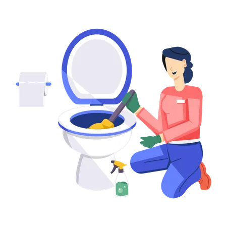 Girl Cleaning Toilet using toilet cleaner  Illustration