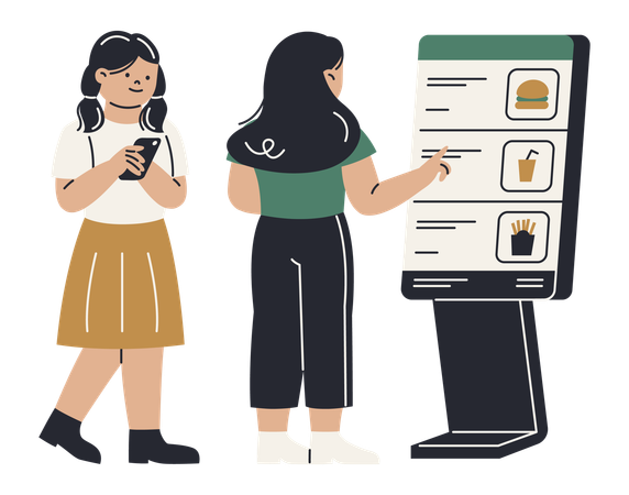 Girl doing digital food ordering using kiosk  Illustration