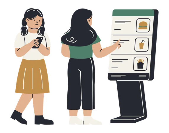 Girl doing digital food ordering using kiosk  Illustration