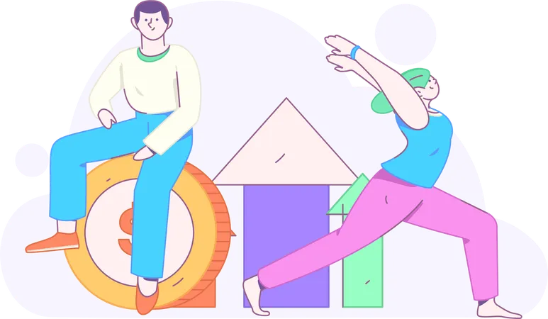 Girl doing morning exercise while man looking financial profit  Illustration