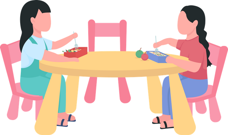 Girl eating dinner in kindergarten  Illustration