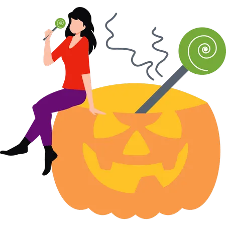 Girl eating Halloween candy  イラスト