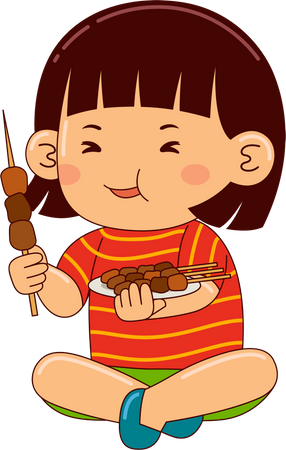 Girl Eating Satay  일러스트레이션