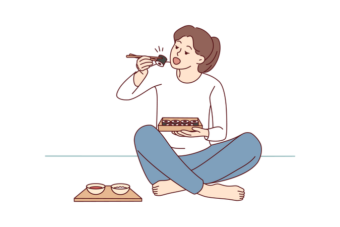 Girl eating sushi from bento box  Illustration