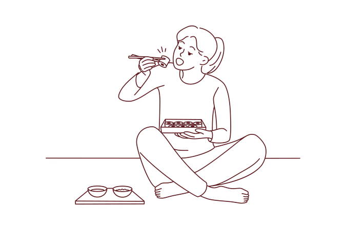 Girl eating sushi from bento box  Illustration