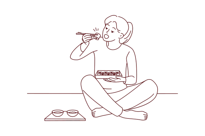 Girl eating sushi from bento box  Illustration