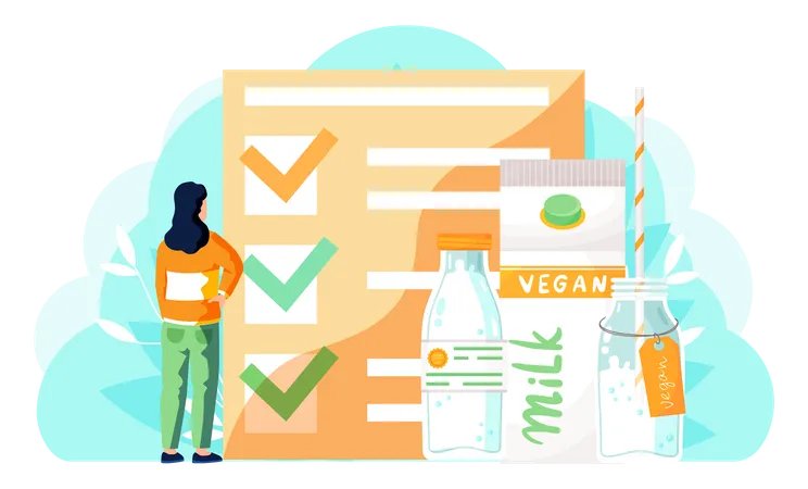 Girl examine uses of vegan milk  Illustration