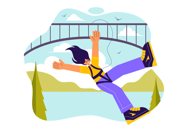 Girl falling from hight with elastic rope while enjoying bungee jump  Illustration