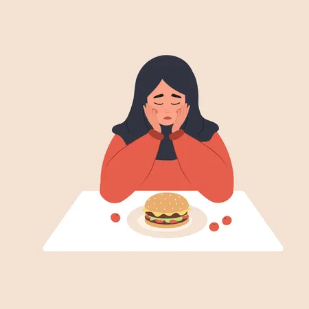 Girl feeling guilty for eating fast food  イラスト