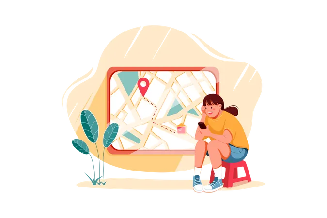 Girl finding location on map  Illustration