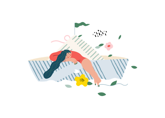 Girl floating in paper boat  イラスト