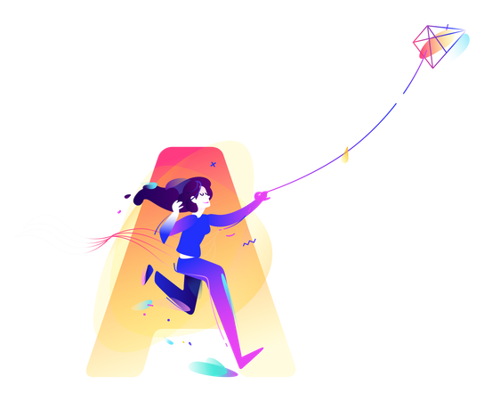 Girl Flying Kite  Illustration