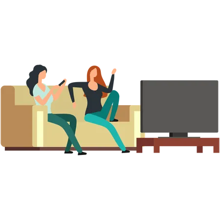 Girl friends watching tv at home  Illustration