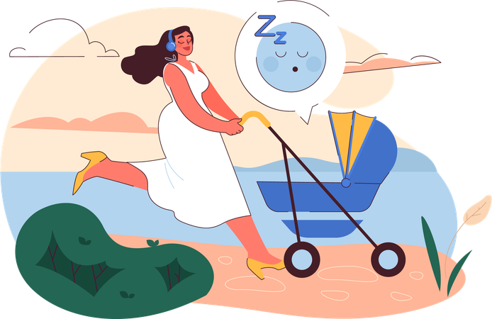 Girl going out with baby stroller  Illustration