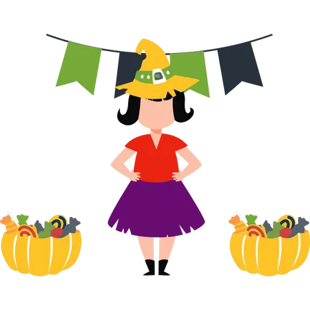 Girl has two buckets of Halloween candy  イラスト