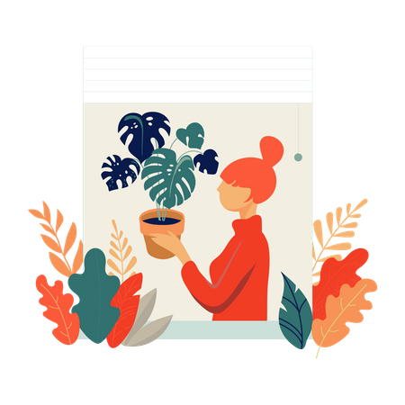 Girl holding plant pot  Illustration